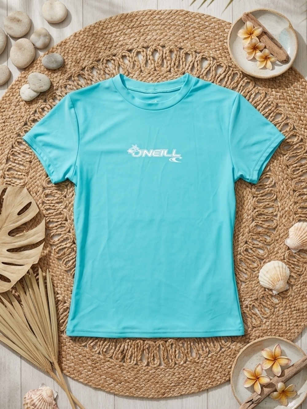 O'NEILL Women’s Short Sleeve Rashguard Swim Shirt Aqua Turquoise UPF Protection
